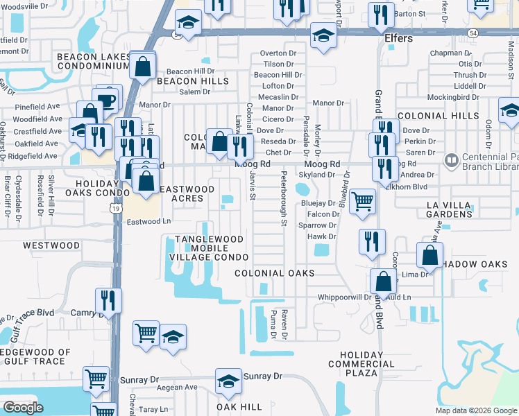 map of restaurants, bars, coffee shops, grocery stores, and more near 5027 Cape Cod Drive in Holiday