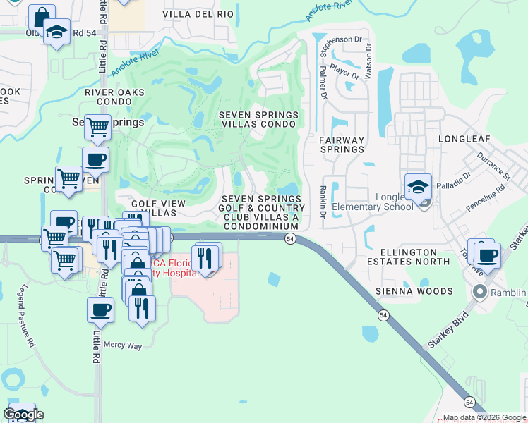 map of restaurants, bars, coffee shops, grocery stores, and more near 3331 Scorecard Drive in New Port Richey