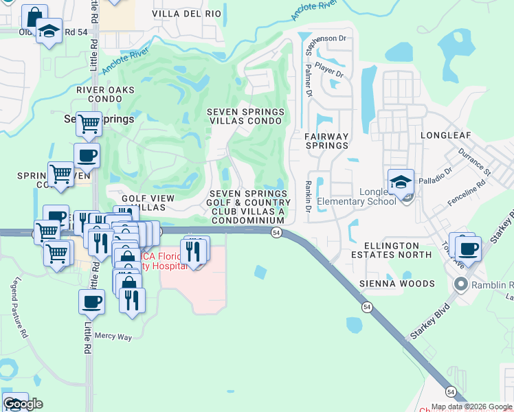 map of restaurants, bars, coffee shops, grocery stores, and more near 3327 Scorecard Drive in New Port Richey