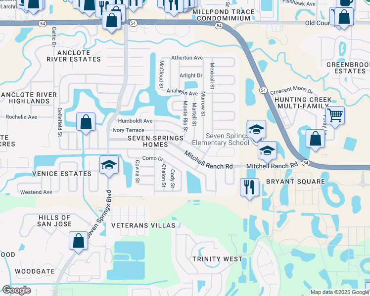map of restaurants, bars, coffee shops, grocery stores, and more near 7655 Mitchell Ranch Road in New Port Richey