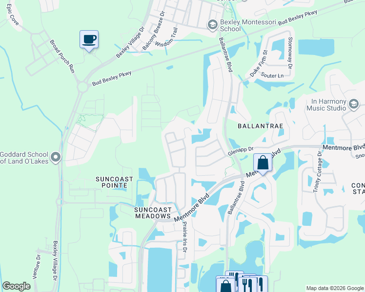 map of restaurants, bars, coffee shops, grocery stores, and more near 17355 Mint Leaf Lane in Land O' Lakes