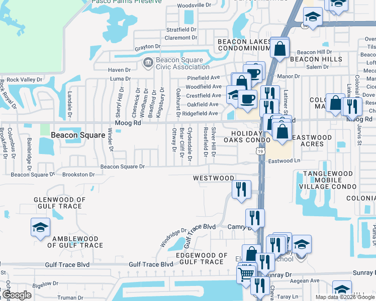 map of restaurants, bars, coffee shops, grocery stores, and more near 3325 Clydesdale Drive in Holiday