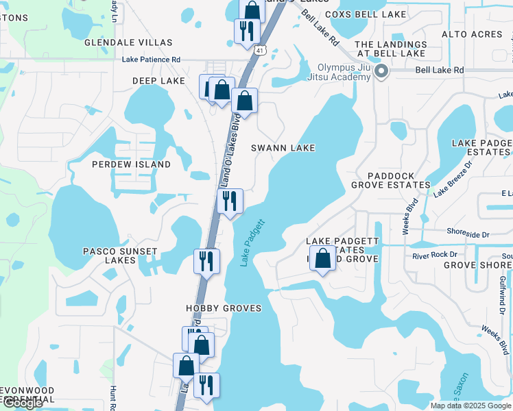 map of restaurants, bars, coffee shops, grocery stores, and more near 3522 Swans Landing Drive in Land O' Lakes