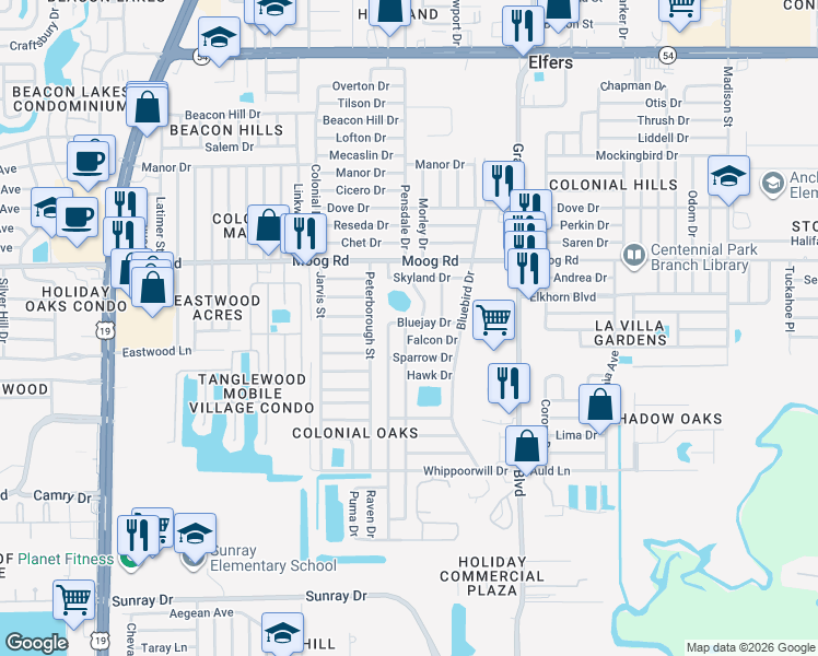 map of restaurants, bars, coffee shops, grocery stores, and more near 5220 Bluejay Drive in Holiday