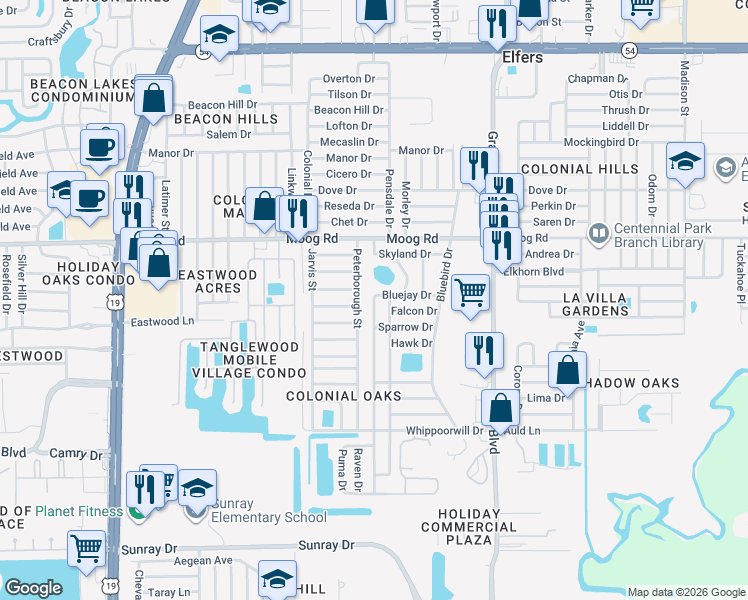 map of restaurants, bars, coffee shops, grocery stores, and more near 3324 Finch Drive in Holiday