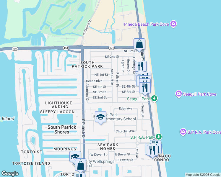 map of restaurants, bars, coffee shops, grocery stores, and more near 380 Seagull Drive in Satellite Beach