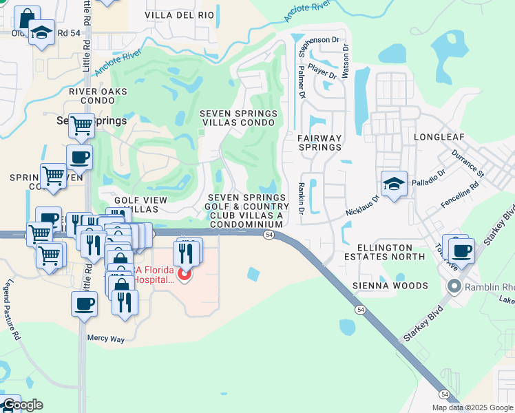 map of restaurants, bars, coffee shops, grocery stores, and more near 3331 Scorecard Drive in New Port Richey