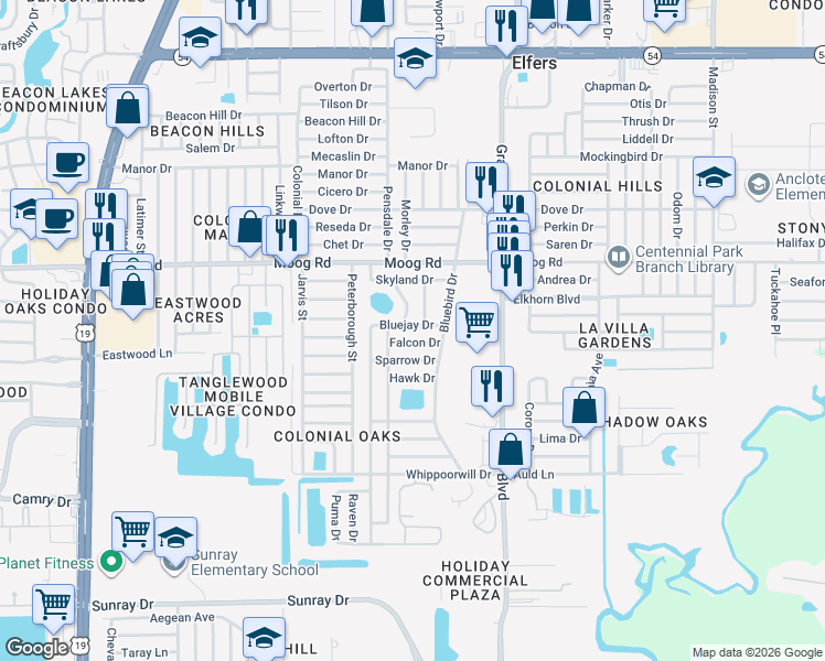 map of restaurants, bars, coffee shops, grocery stores, and more near 5246 Bluejay Drive in Holiday