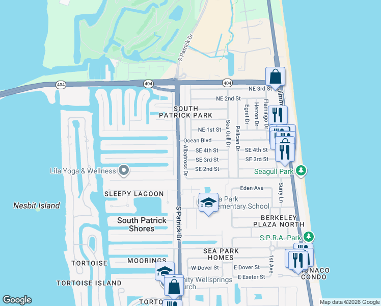 map of restaurants, bars, coffee shops, grocery stores, and more near 208 Southeast 4th Street in Satellite Beach