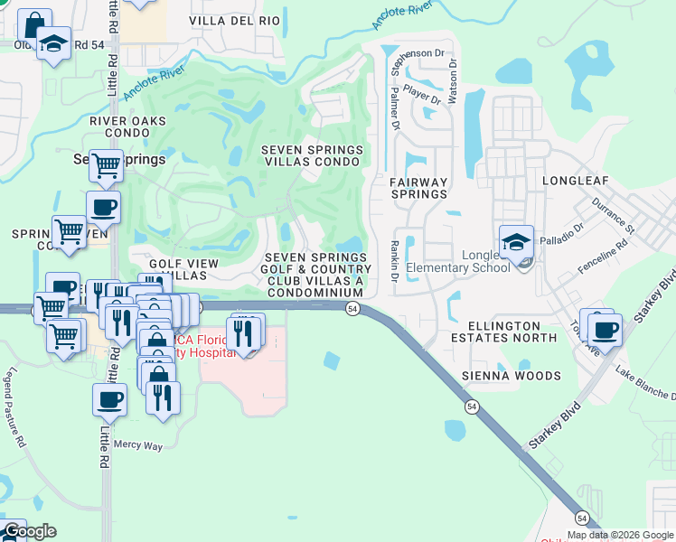 map of restaurants, bars, coffee shops, grocery stores, and more near 3331 Scorecard Drive in New Port Richey