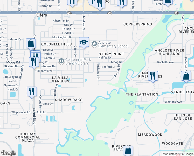 map of restaurants, bars, coffee shops, grocery stores, and more near 3321 Tuckahoe Place in Holiday