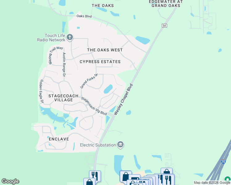 map of restaurants, bars, coffee shops, grocery stores, and more near 25403 Saddlehorn Way in Land O' Lakes