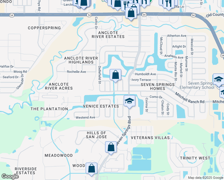 map of restaurants, bars, coffee shops, grocery stores, and more near 3326 Vorden Street in New Port Richey