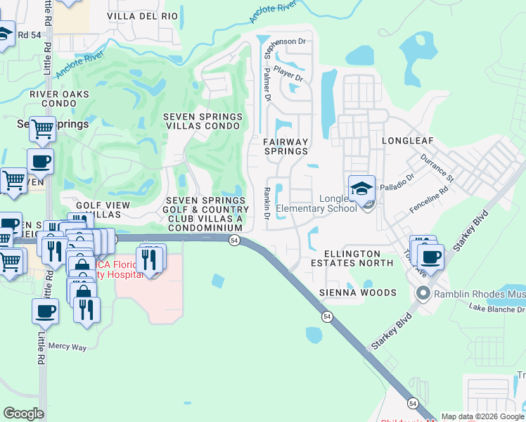 map of restaurants, bars, coffee shops, grocery stores, and more near 3317 Rankin Drive in New Port Richey