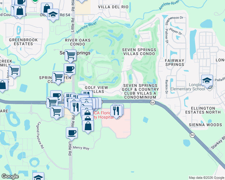 map of restaurants, bars, coffee shops, grocery stores, and more near 3309 Lori Lane in New Port Richey