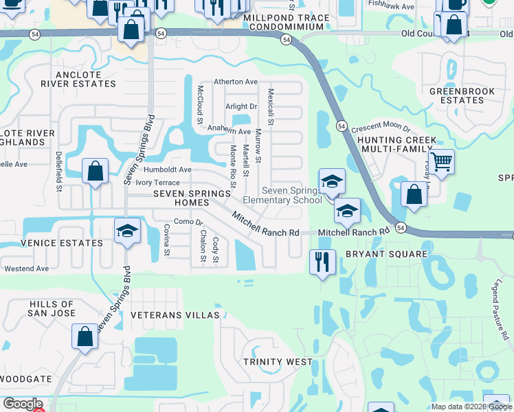 map of restaurants, bars, coffee shops, grocery stores, and more near 3336 Murrow Street in New Port Richey