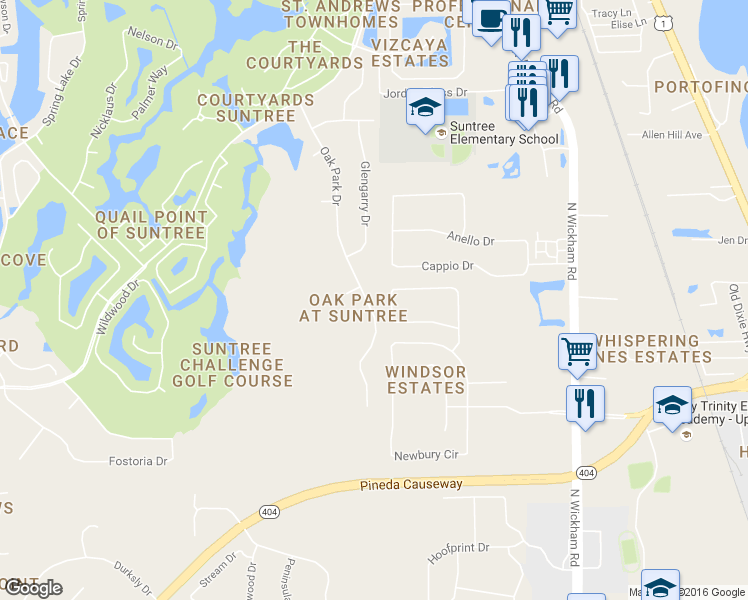 map of restaurants, bars, coffee shops, grocery stores, and more near 837 Oak Park Drive in Melbourne