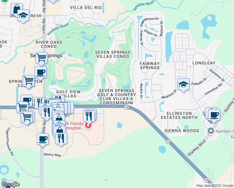 map of restaurants, bars, coffee shops, grocery stores, and more near 3331 Scorecard Drive in New Port Richey