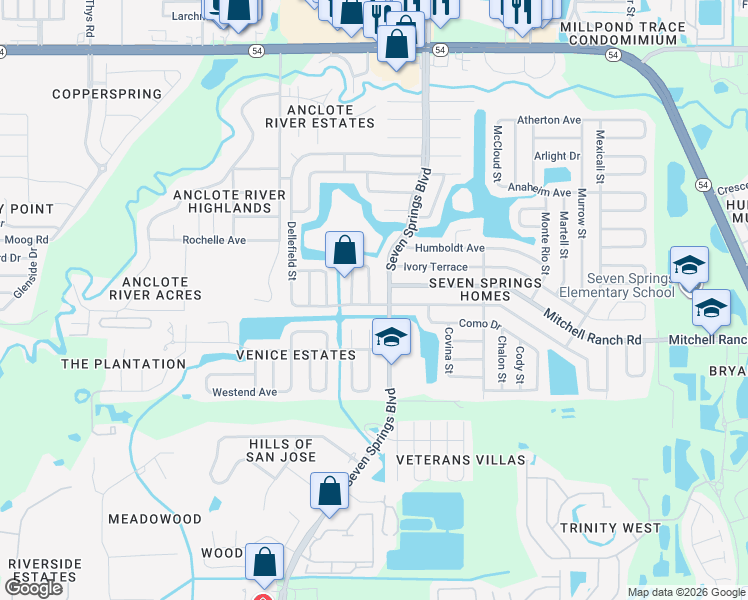 map of restaurants, bars, coffee shops, grocery stores, and more near 3499 Van Nuys Loop in New Port Richey