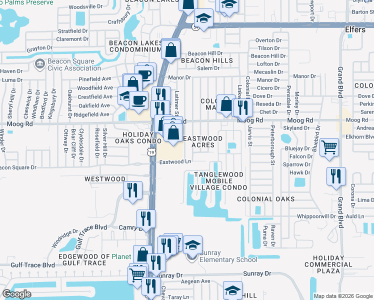 map of restaurants, bars, coffee shops, grocery stores, and more near 3324 Cantrell Street in Holiday