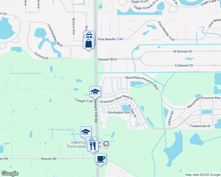 map of restaurants, bars, coffee shops, grocery stores, and more near 3060 Palermo Rose Way in Kissimmee