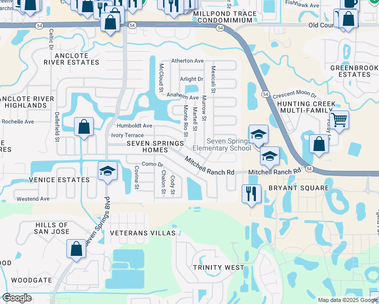 map of restaurants, bars, coffee shops, grocery stores, and more near 7655 Mitchell Ranch Road in New Port Richey