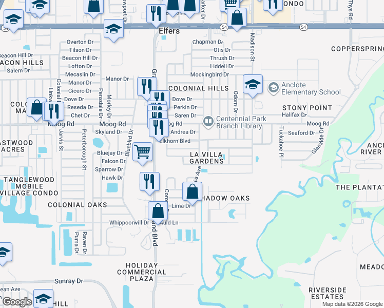 map of restaurants, bars, coffee shops, grocery stores, and more near 5651 Dolores Drive in Holiday