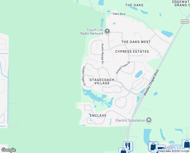 map of restaurants, bars, coffee shops, grocery stores, and more near 3435 Mossy Oak Circle in Land O' Lakes