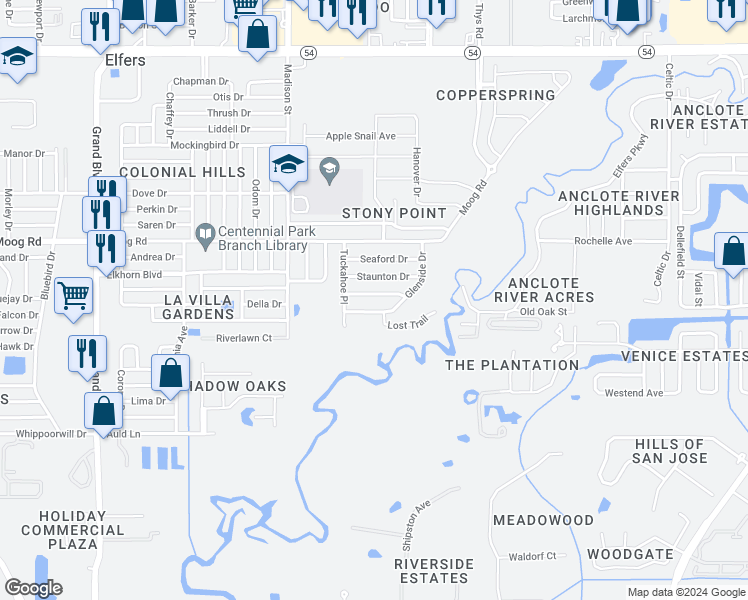 map of restaurants, bars, coffee shops, grocery stores, and more near 6214 Hopewell Drive in Holiday