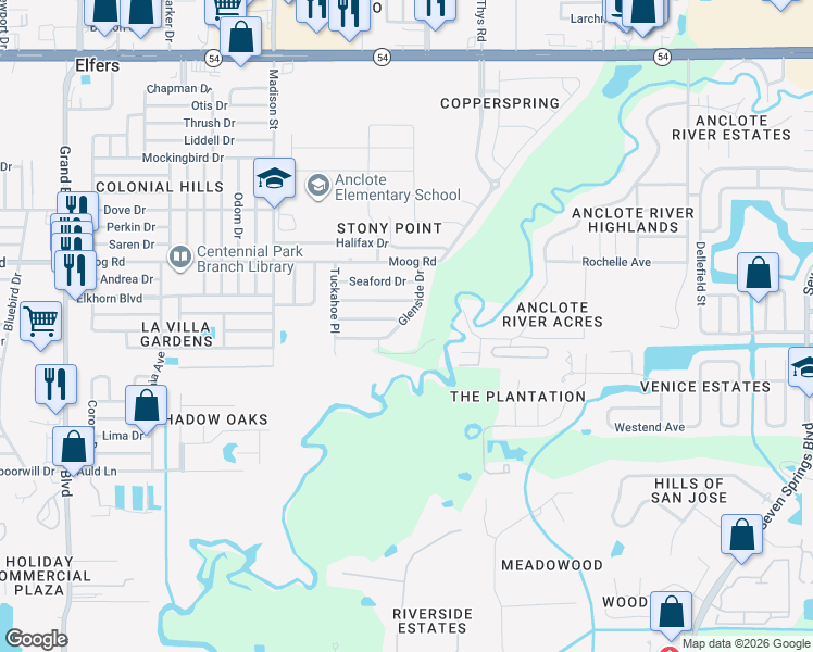 map of restaurants, bars, coffee shops, grocery stores, and more near 3336 Glenside Drive in Holiday
