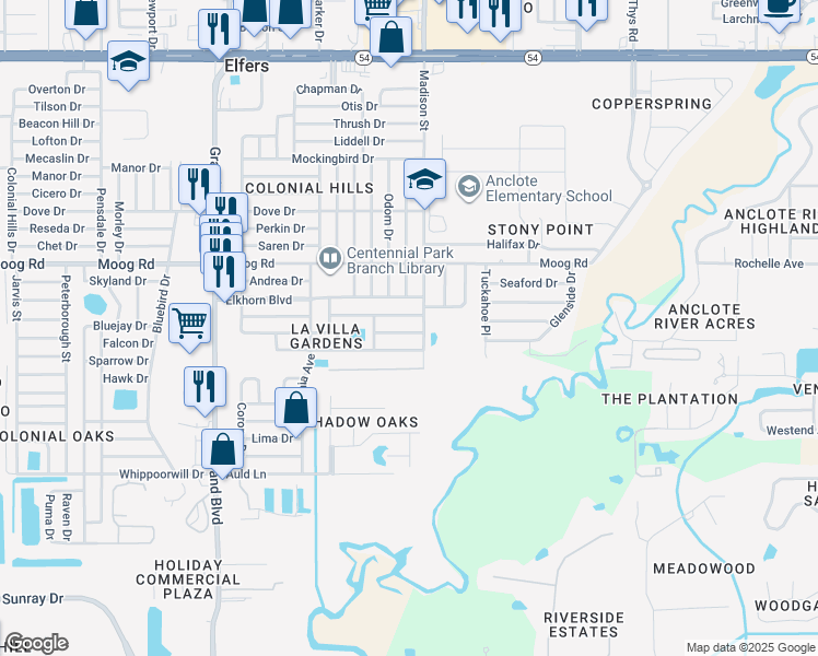 map of restaurants, bars, coffee shops, grocery stores, and more near 5931 Della Drive in Holiday