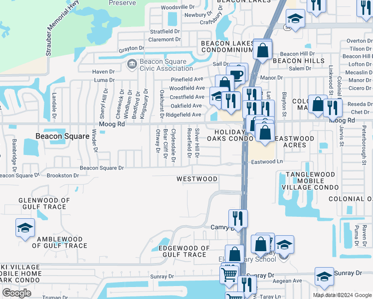 map of restaurants, bars, coffee shops, grocery stores, and more near 3331 Rosefield Drive in Holiday
