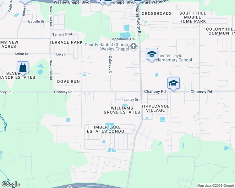 map of restaurants, bars, coffee shops, grocery stores, and more near 3442 Mildred Drive in Zephyrhills