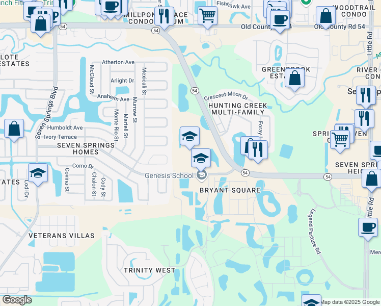 map of restaurants, bars, coffee shops, grocery stores, and more near 8025 Mitchell Ranch Road in New Port Richey