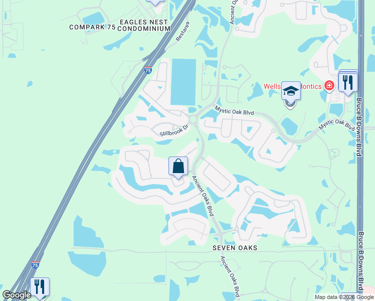 map of restaurants, bars, coffee shops, grocery stores, and more near 3454 Loggerhead Way in Wesley Chapel