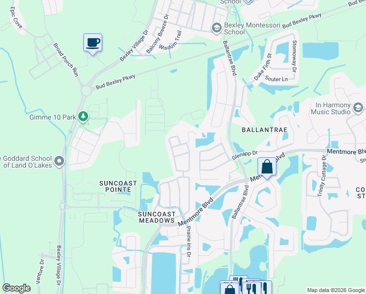 map of restaurants, bars, coffee shops, grocery stores, and more near 17343 Mint Leaf Lane in Land O' Lakes