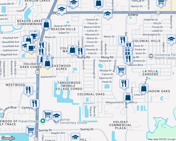 map of restaurants, bars, coffee shops, grocery stores, and more near 5027 Cape Cod Drive in Holiday
