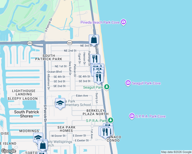 map of restaurants, bars, coffee shops, grocery stores, and more near 210 Highway A1A in Satellite Beach