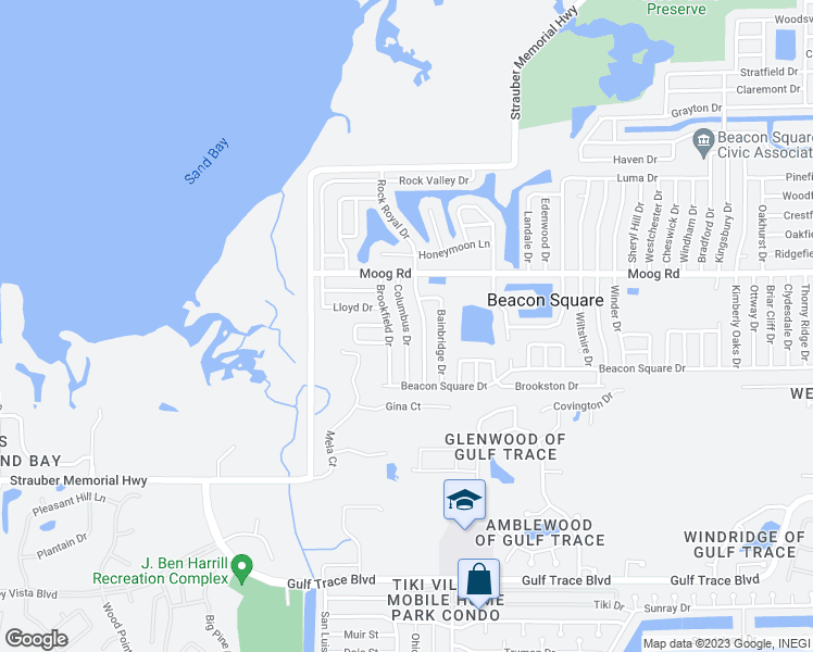map of restaurants, bars, coffee shops, grocery stores, and more near 3349 Columbus Drive in Holiday