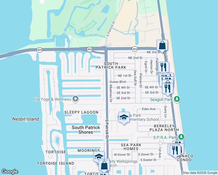 map of restaurants, bars, coffee shops, grocery stores, and more near 208 Southeast 4th Street in Satellite Beach