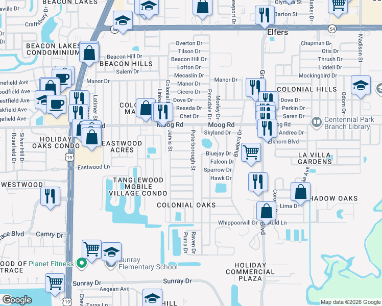 map of restaurants, bars, coffee shops, grocery stores, and more near 5117 Cape Cod Drive in Holiday