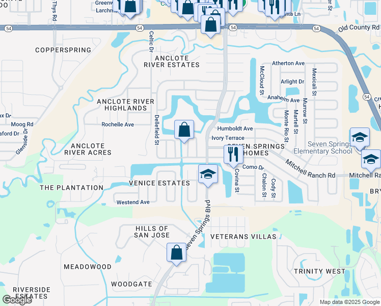 map of restaurants, bars, coffee shops, grocery stores, and more near 3332 Van Nuys Loop in New Port Richey