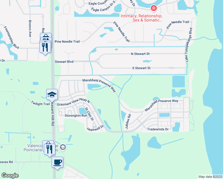 map of restaurants, bars, coffee shops, grocery stores, and more near 2810 Marshfield Preserve Way in Kissimmee