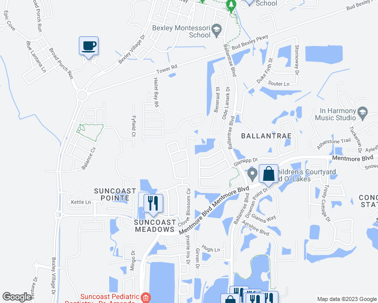map of restaurants, bars, coffee shops, grocery stores, and more near 17402 Garden Heath Court in Pasco County