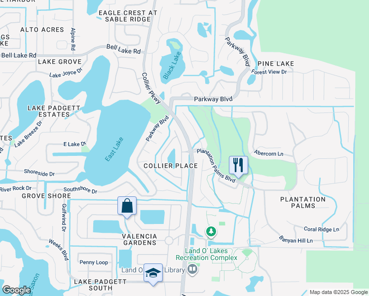 map of restaurants, bars, coffee shops, grocery stores, and more near 3508 Pendleton Way in Land O' Lakes