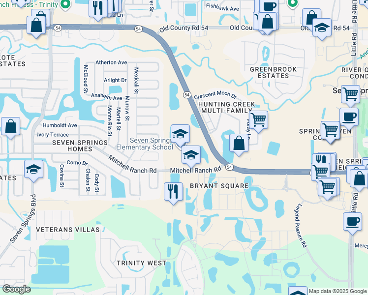 map of restaurants, bars, coffee shops, grocery stores, and more near 8025 Mitchell Ranch Road in New Port Richey