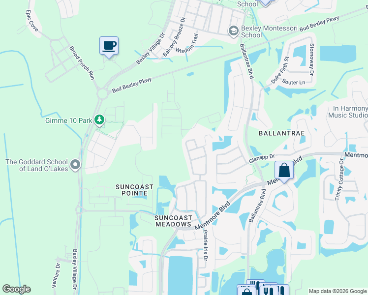 map of restaurants, bars, coffee shops, grocery stores, and more near 3441 Cardinal Feather Drive in Land O' Lakes