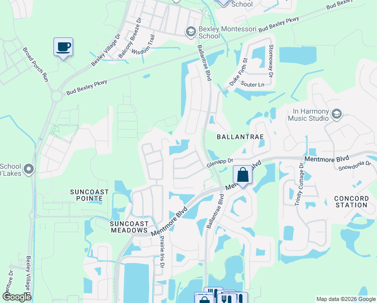 map of restaurants, bars, coffee shops, grocery stores, and more near 17527 Balmaha Drive in Land O' Lakes