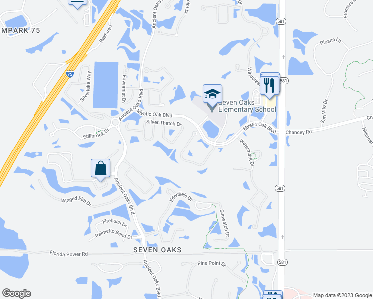 map of restaurants, bars, coffee shops, grocery stores, and more near 3241 Grassglen Place in Wesley Chapel
