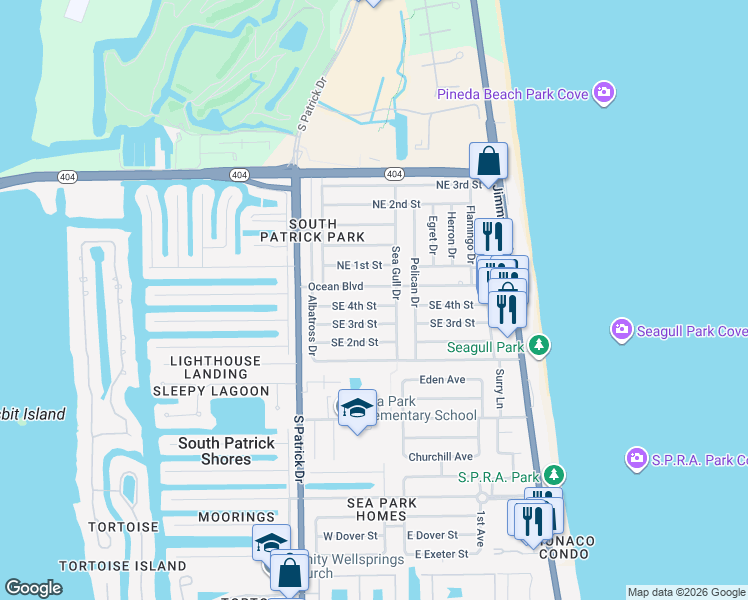 map of restaurants, bars, coffee shops, grocery stores, and more near 380 Seagull Drive in Satellite Beach